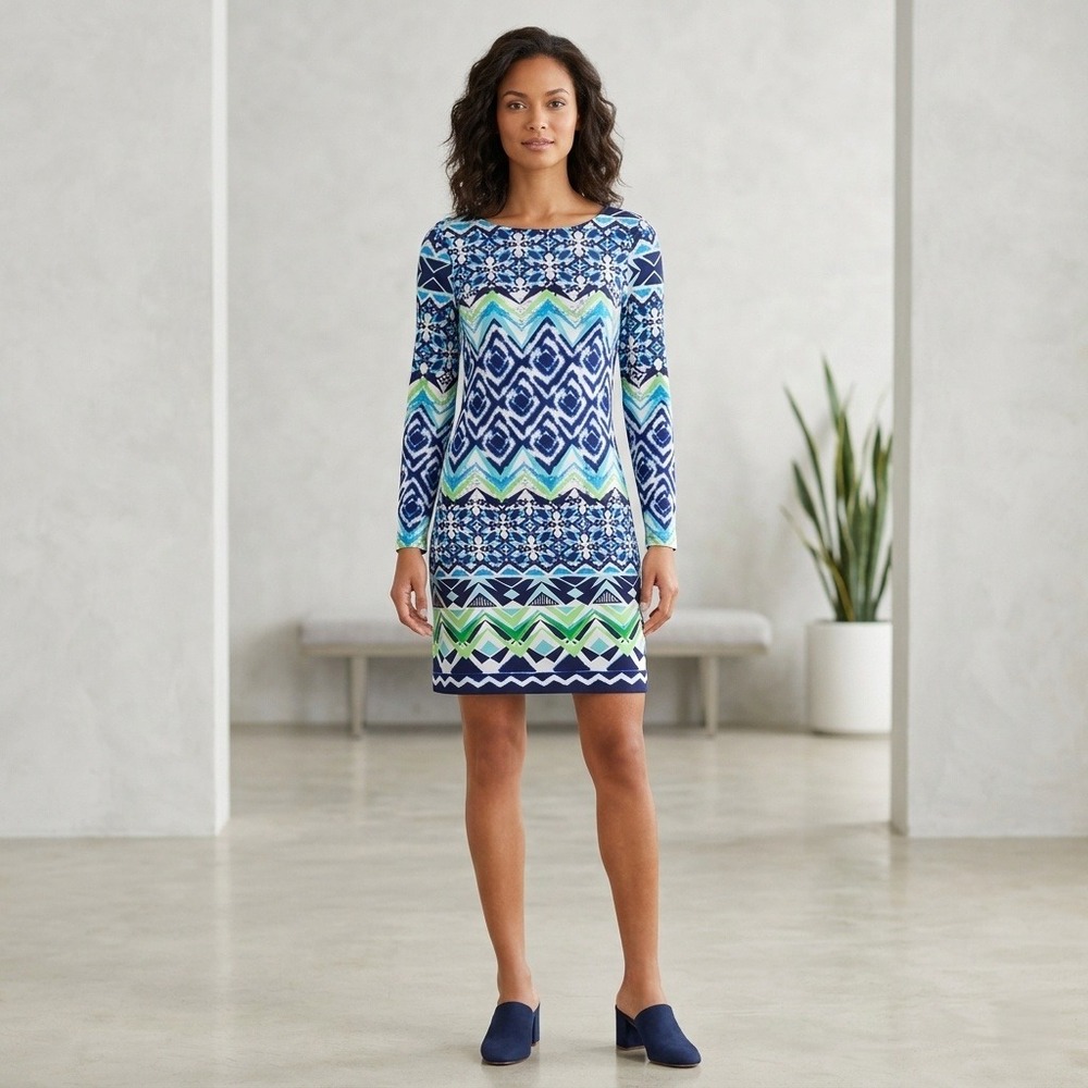 Vince Camuto Sheath Dress Womens Size 8‎ Geometric Long Sleeve Dopamine Dressing